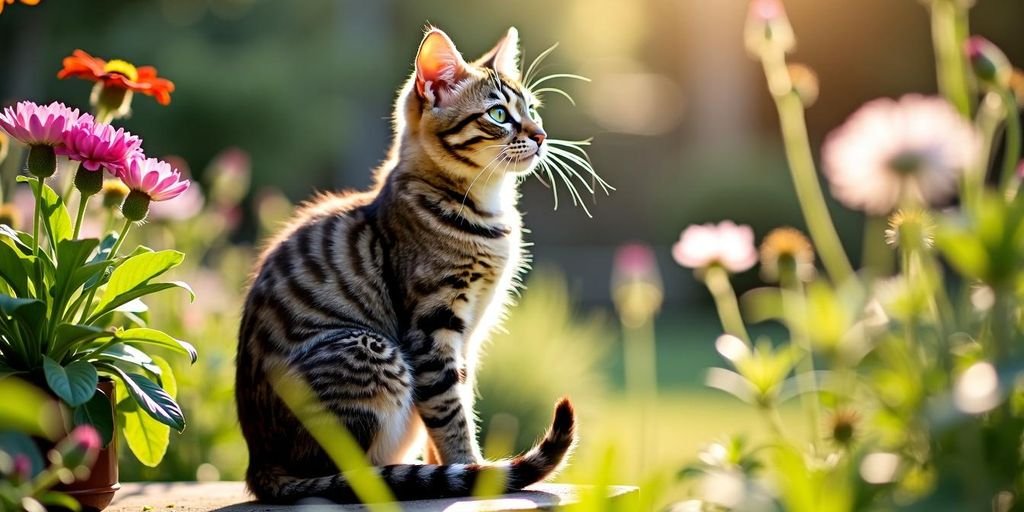 Katze auf Gartenzaun im Grünen