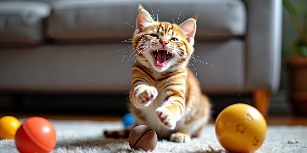 Katze spielt mit Spielzeugen im Wohnzimmer