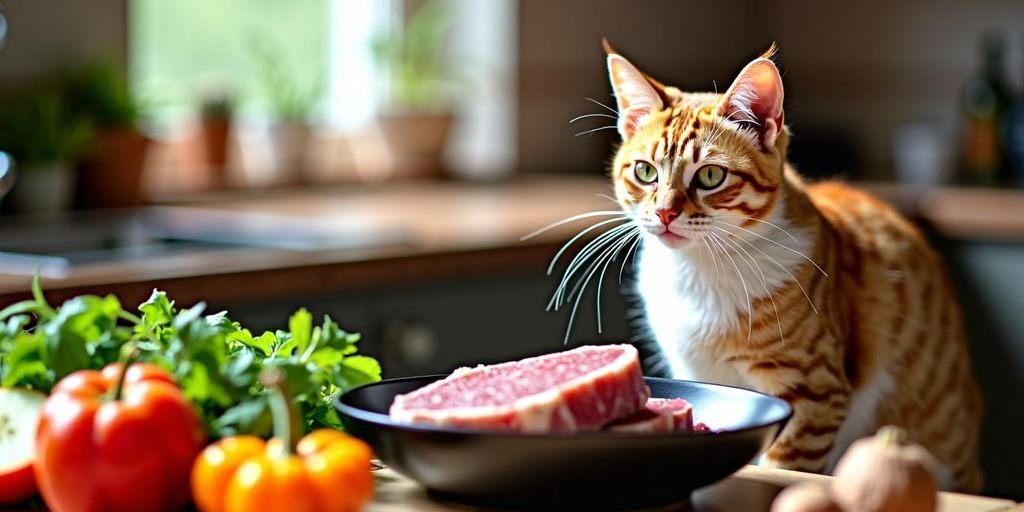 Katze vor Schüssel mit rohem Fleisch und Gemüse