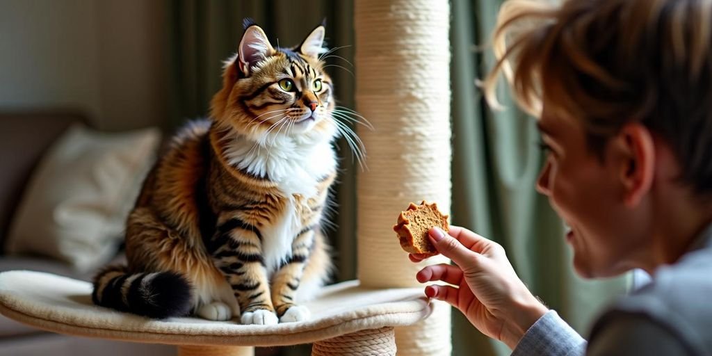 Katze auf Kratzbaum bekommt Leckerli