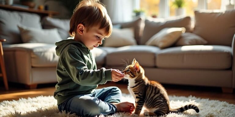 Kind streichelt Katze im Wohnzimmer