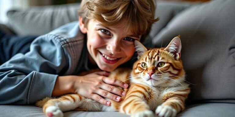 Kind streichelt eine entspannte Katze auf dem Sofa