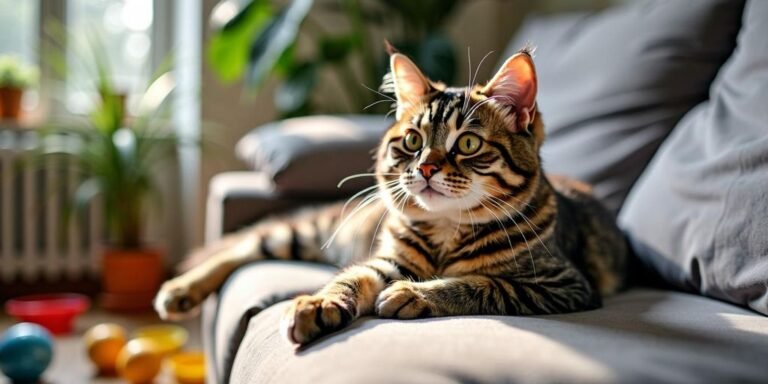 Katze liegt auf einem Sofa in einer Wohnung.