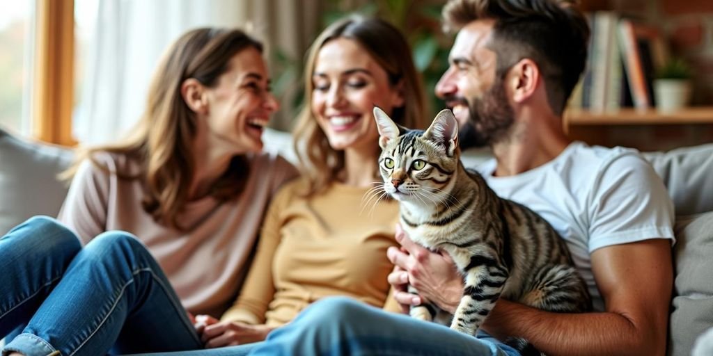 Familie streichelt adoptierte Katze auf dem Sofa